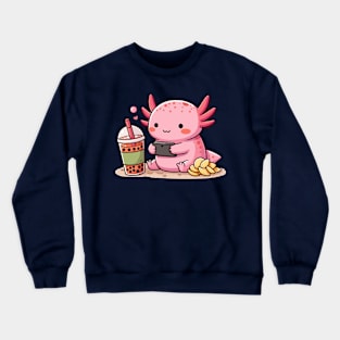 cute axolotl enjoying games and boba Crewneck Sweatshirt